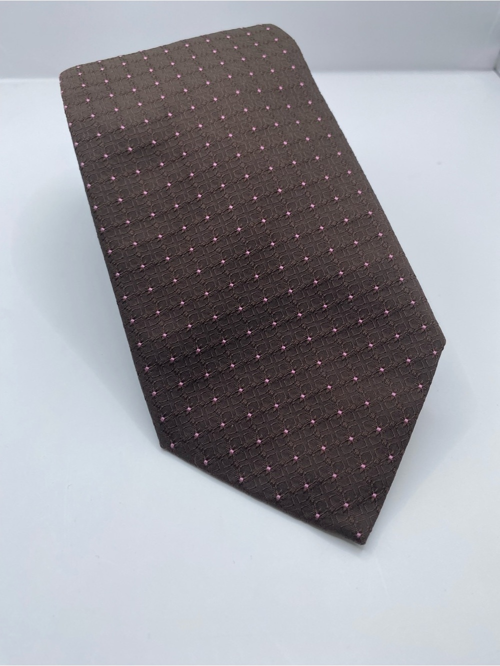 Thomas Pink Brown Silk Tie with Pink Dot Accents